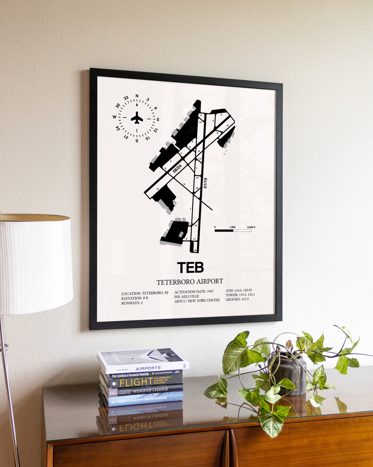 Teterboro Airport aviation wall décor in black wood frame