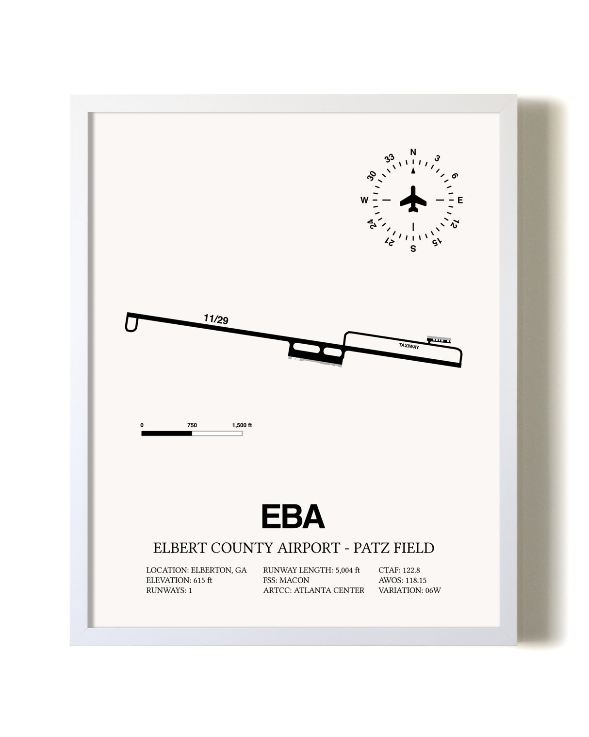 Elbert County Airport-Patz Field airport map poster in oak frame