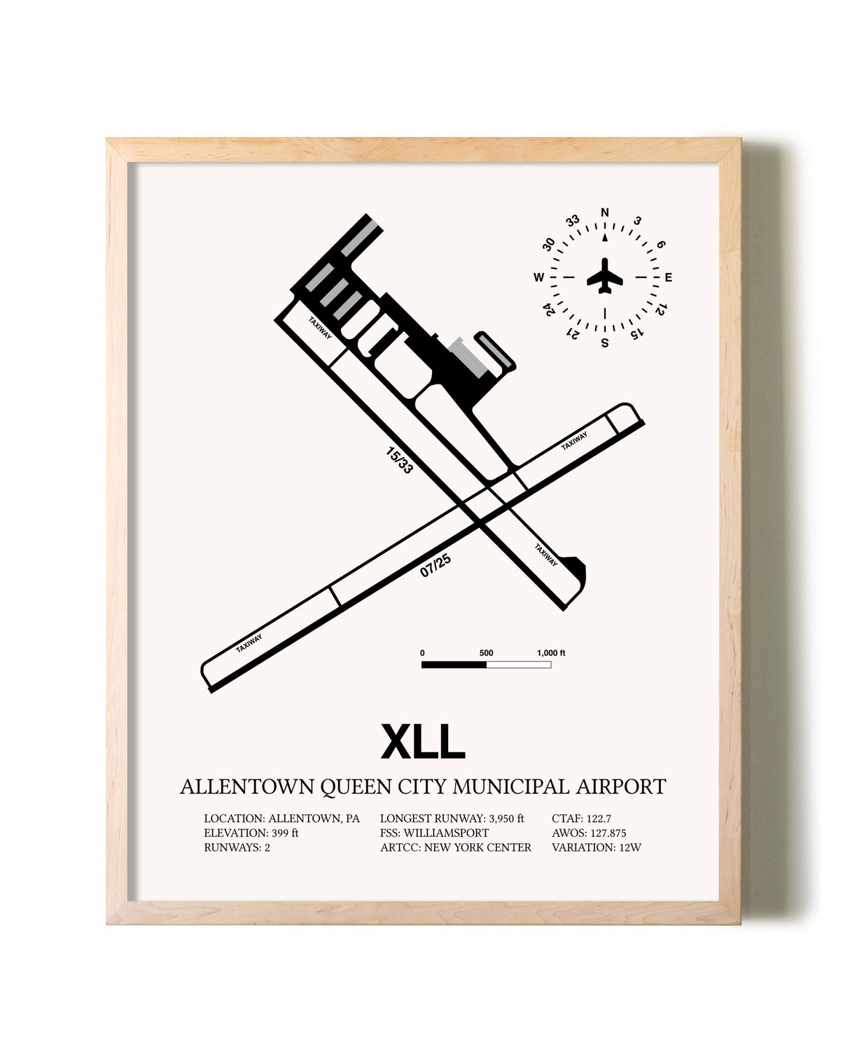 Allentown Queen City Municipal Airport framed wall art in white frame