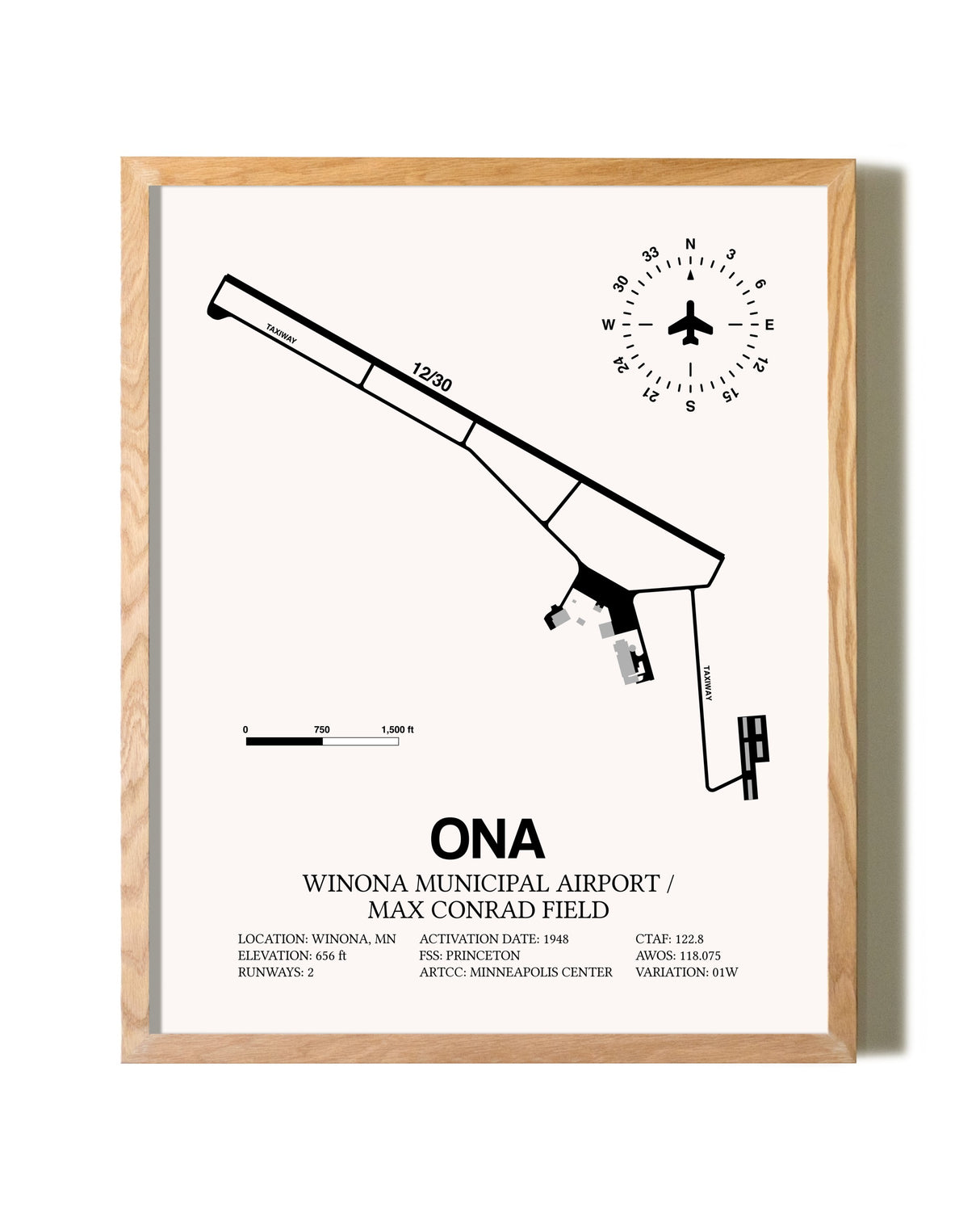 Winona Municipal Airport / Max Conrad Field framed print in natural wood frame