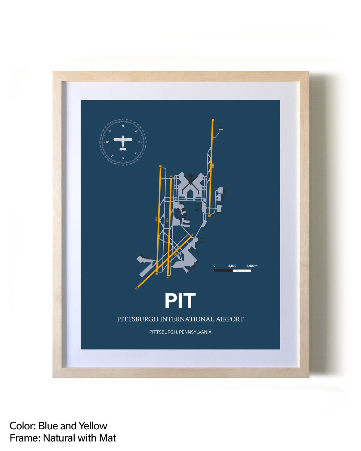 Pittsburgh International Airport framed print in natural wood frame with mat