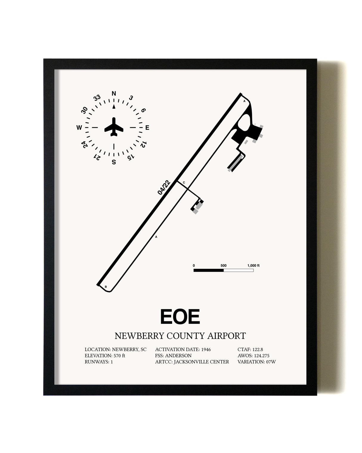 Framed Newberry County Airport wall art poster in black frame