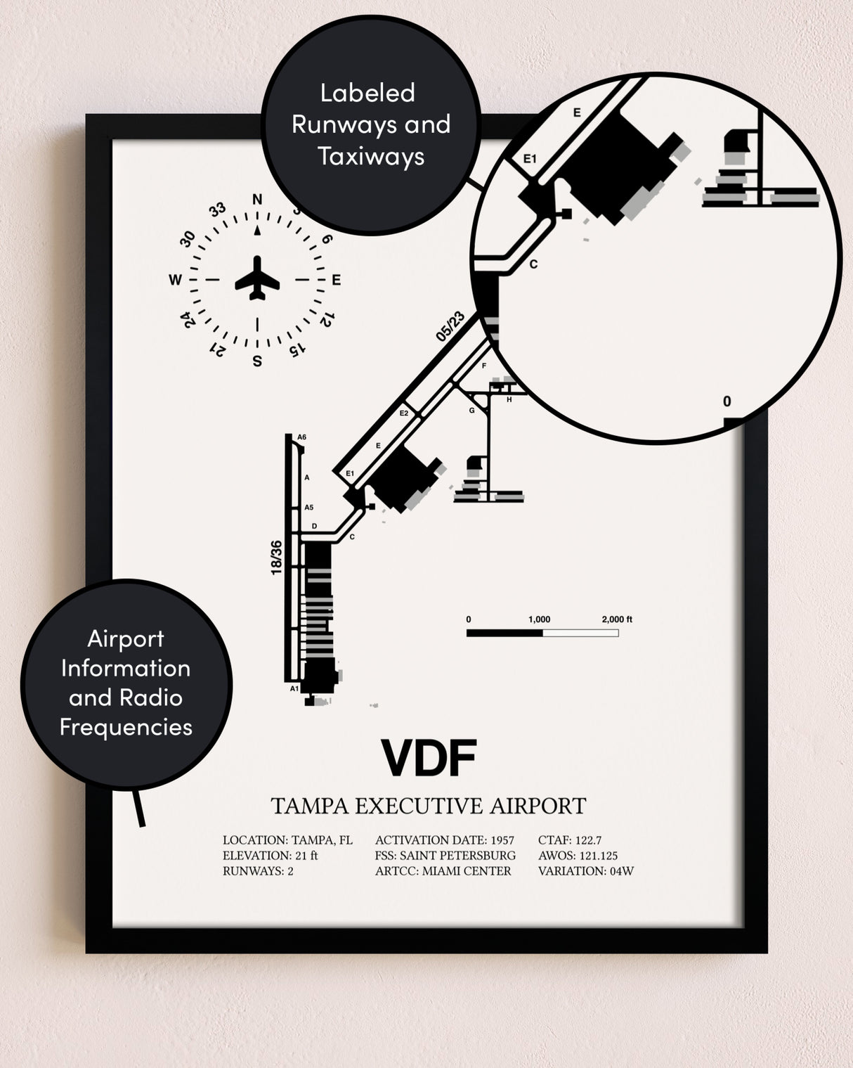 Framed Tampa Executive Airport layout wall art poster