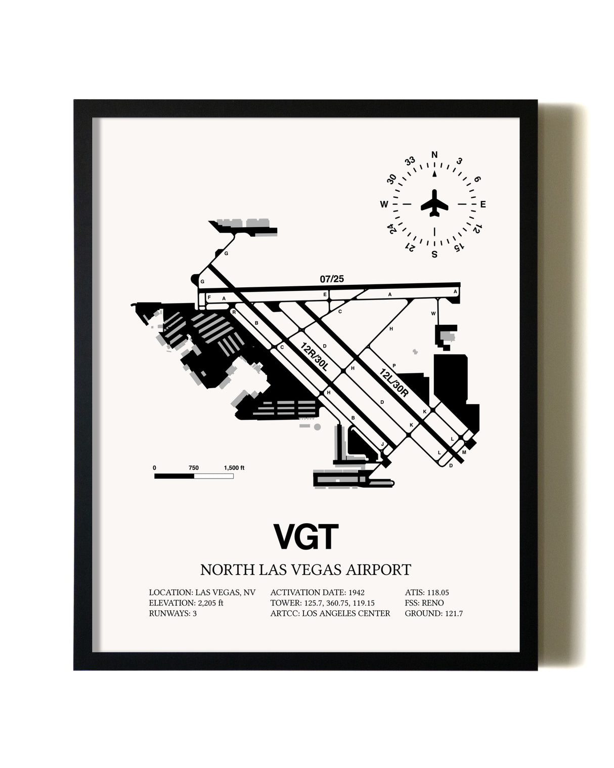 Framed North Las Vegas Airport wall art poster in black frame