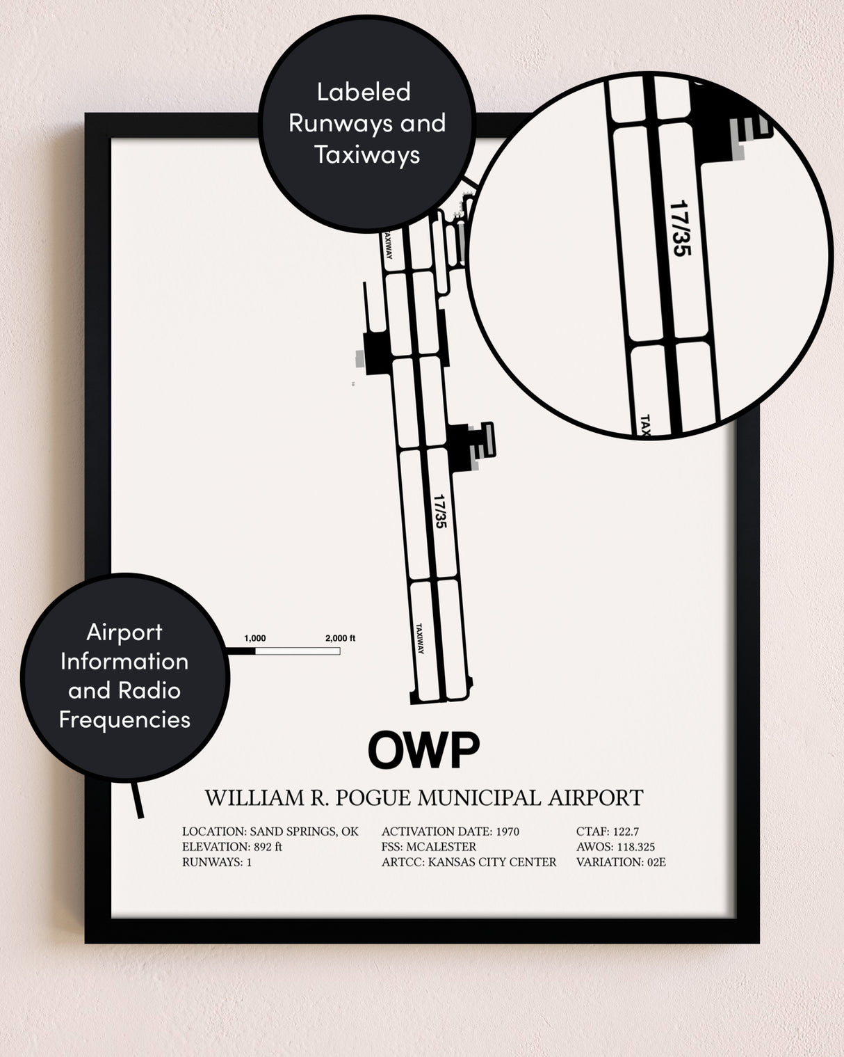 Framed William R. Pogue Municipal Airport layout wall art poster