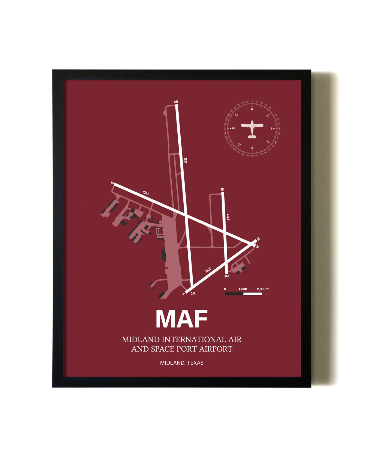 Red Framed Midland International Air and Space Port Airport wall art poster in black frame