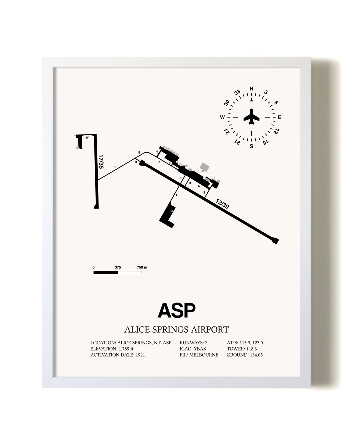 Alice Springs Airport airport map poster in oak frame