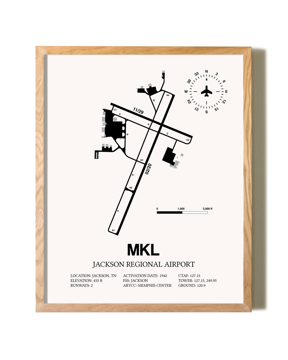 Jackson Regional Airport framed print in natural wood frame