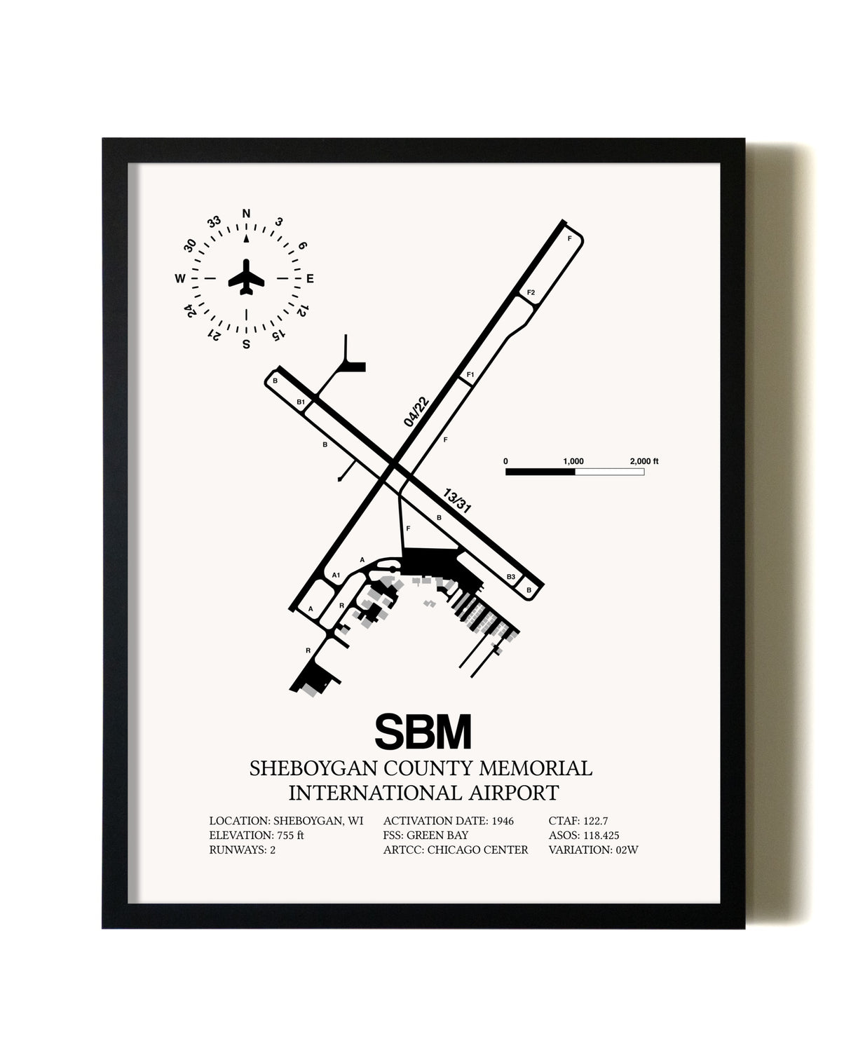 Framed Sheboygan County Memorial International Airport wall art poster in black frame