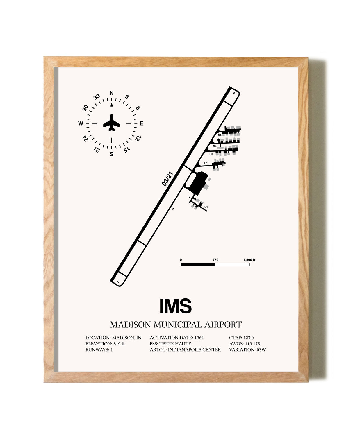 Madison Municipal Airport framed print in natural wood frame