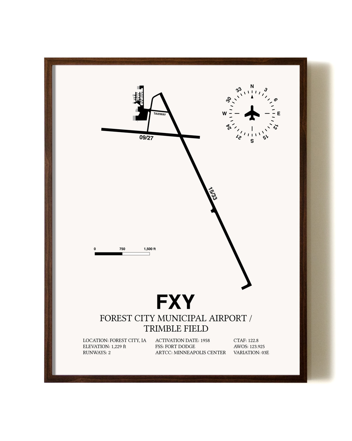 Forest City Municipal Airport / Trimble Field aviation print in walnut frame
