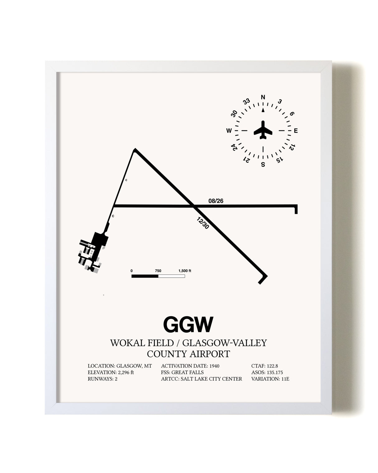 Wokal Field / Glasgow-Valley County Airport airport map poster in oak frame