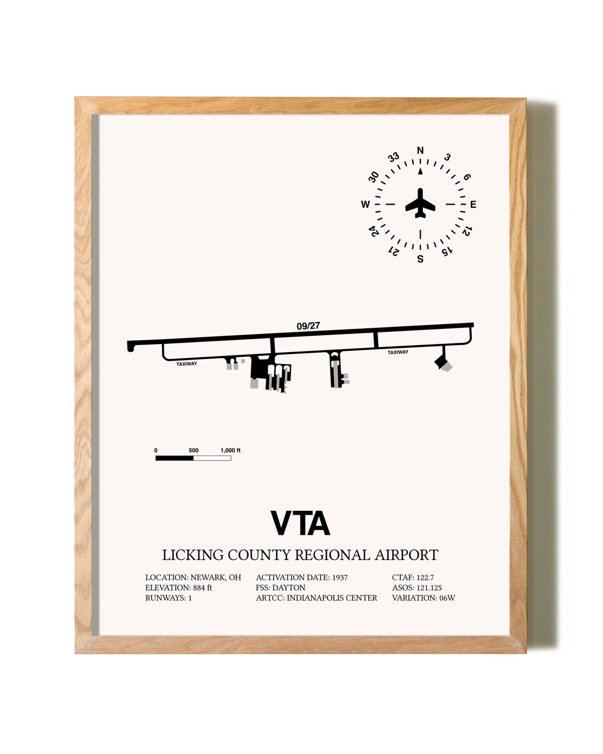 Licking County Regional Airport framed print in natural wood frame