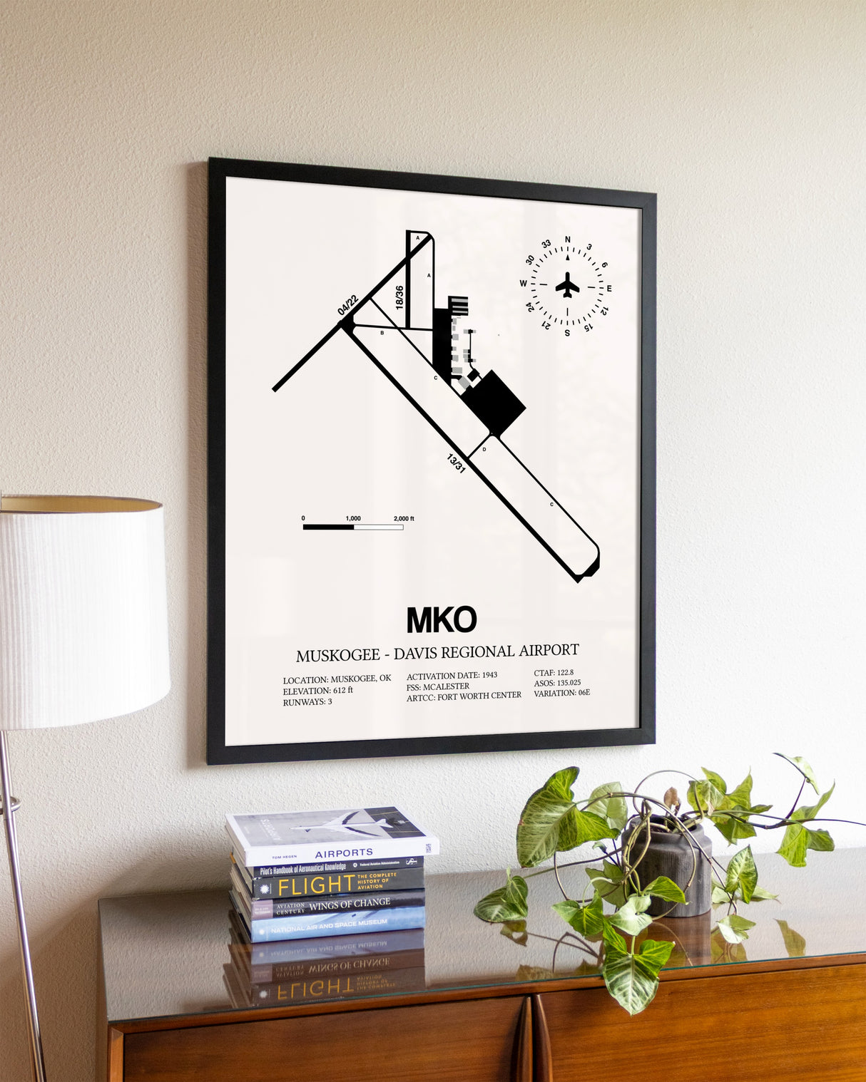 Muskogee-Davis Regional Airport aviation wall décor in black wood frame