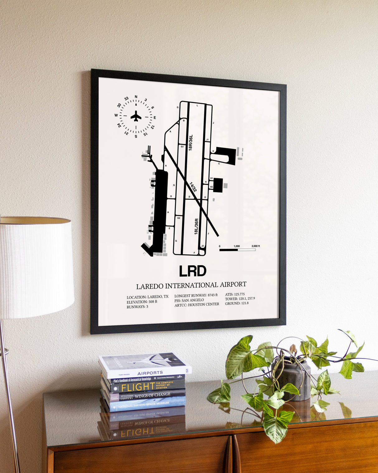 Laredo International Airport aviation wall décor in black wood frame