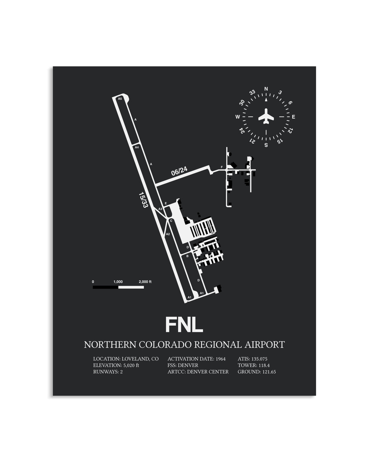 Gray Framed Northern Colorado Regional Airport layout wall art poster