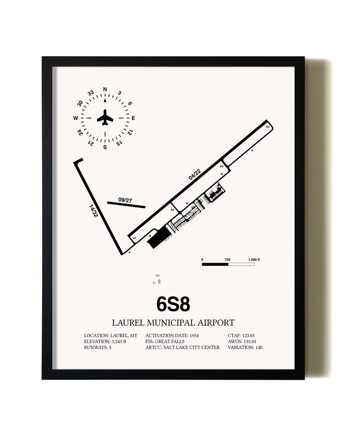 Framed Laurel Municipal Airport wall art poster in black frame
