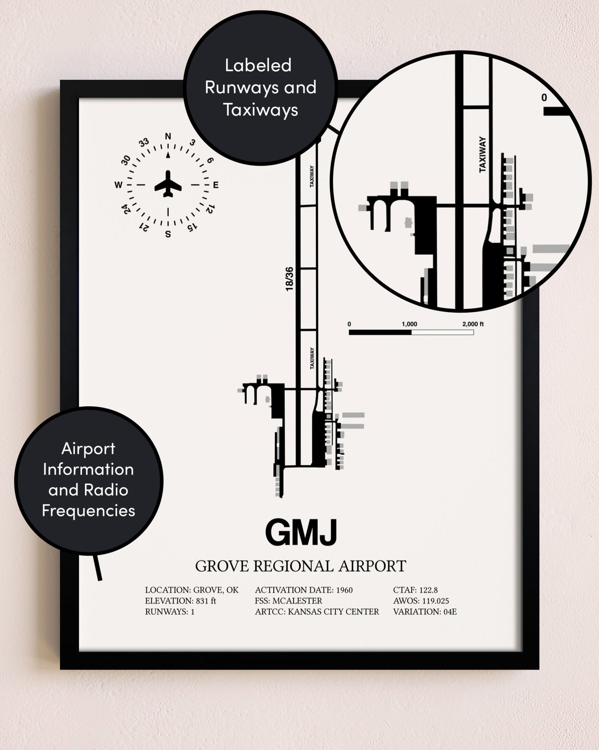 Framed Grove Regional Airport layout wall art poster