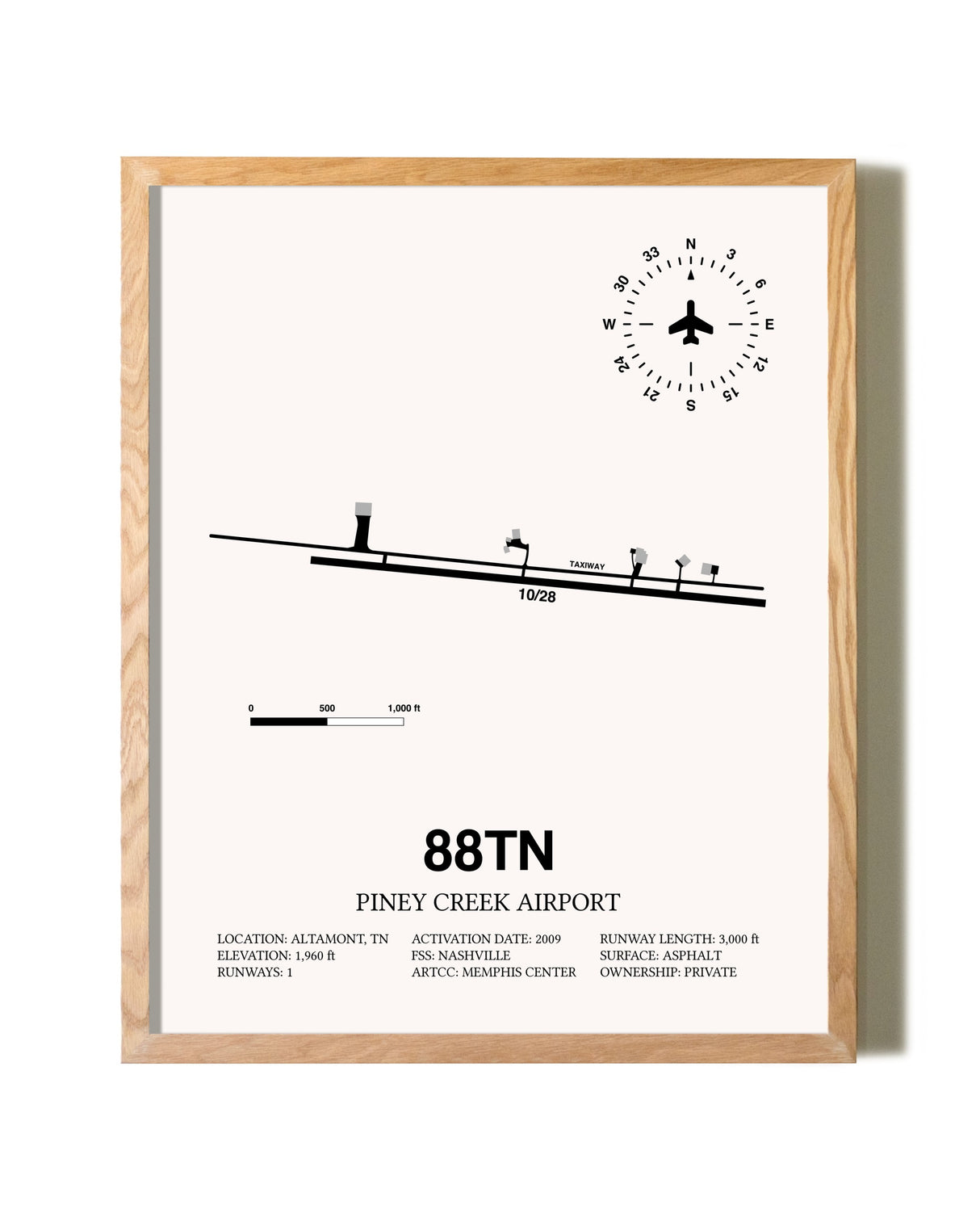 Piney Creek Airport framed print in natural wood frame