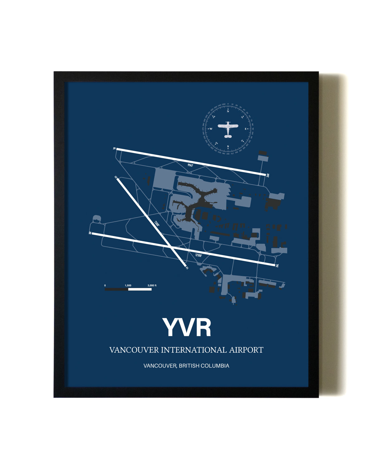 Aviation Blue Framed Vancouver International Airport layout wall art poster