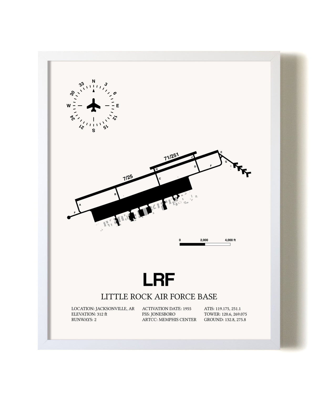 Little Rock Air Force Base airport map poster in oak frame
