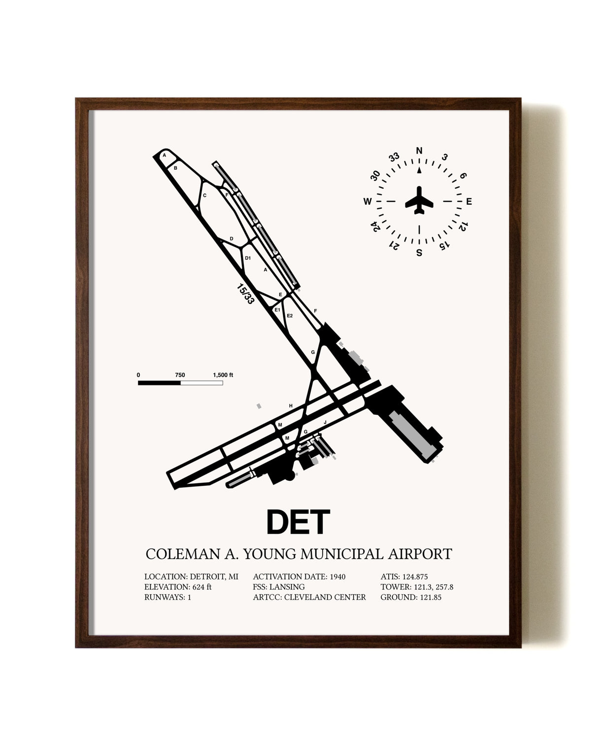 Coleman A. Young Municipal Airport aviation print in walnut frame