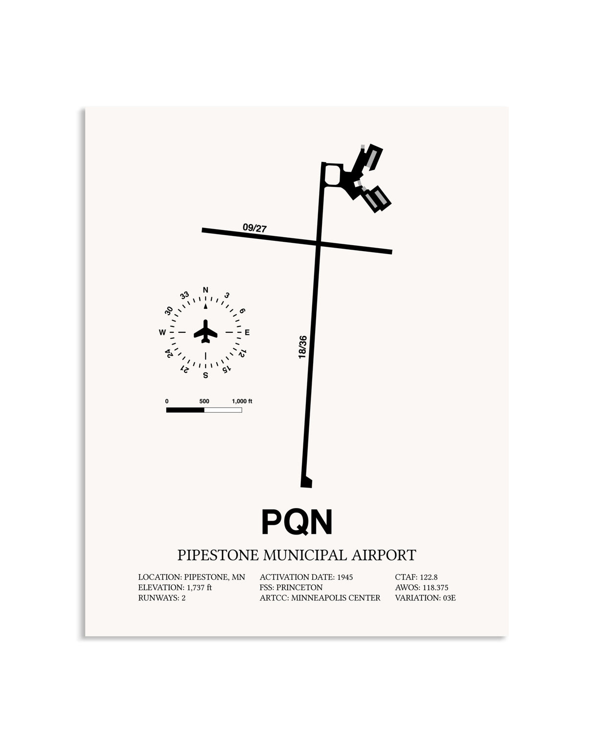 Gray Pipestone Municipal Airport framed poster displayed in an airplane hangar