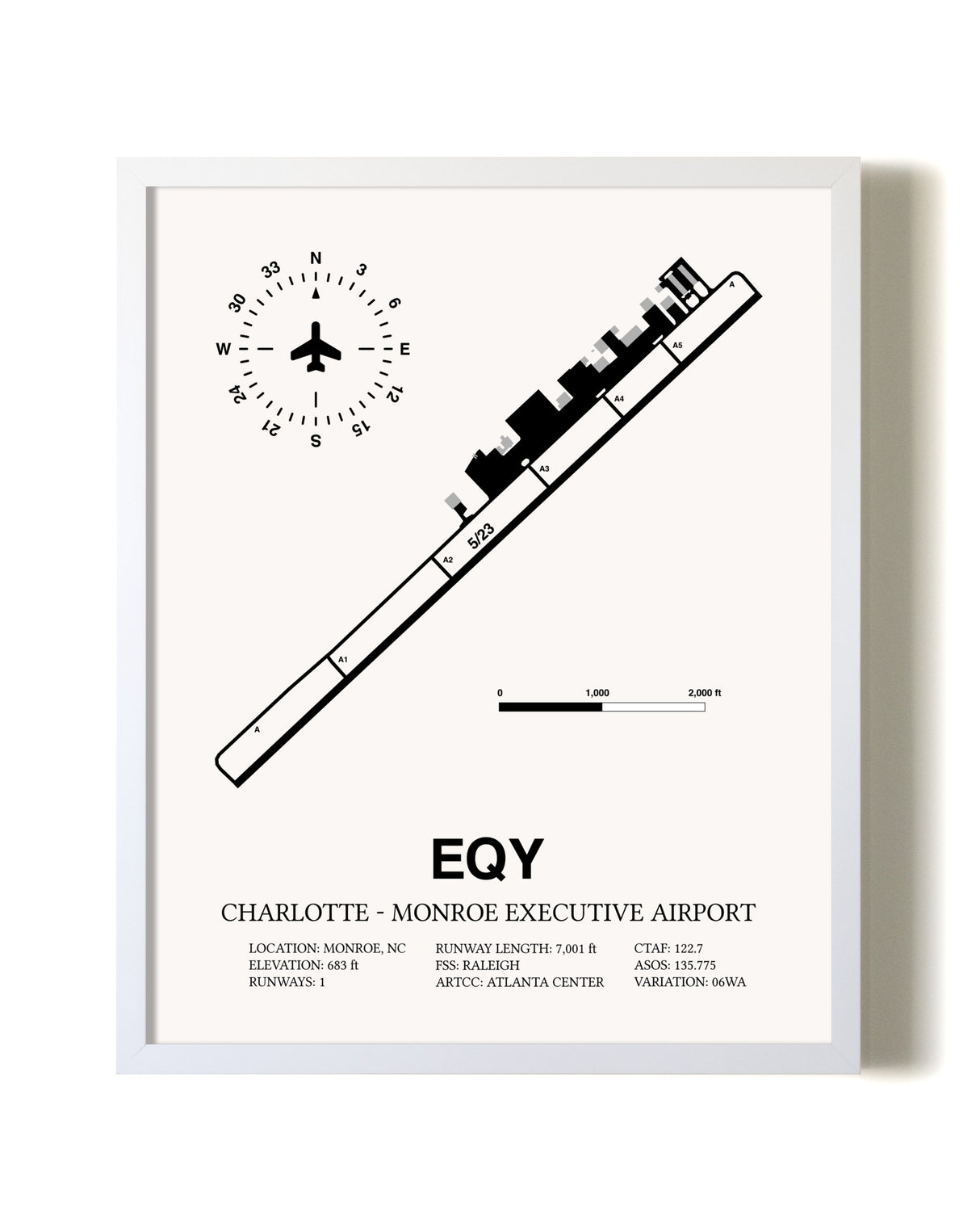Charlotte-Monroe Executive Airport airport map poster in oak frame
