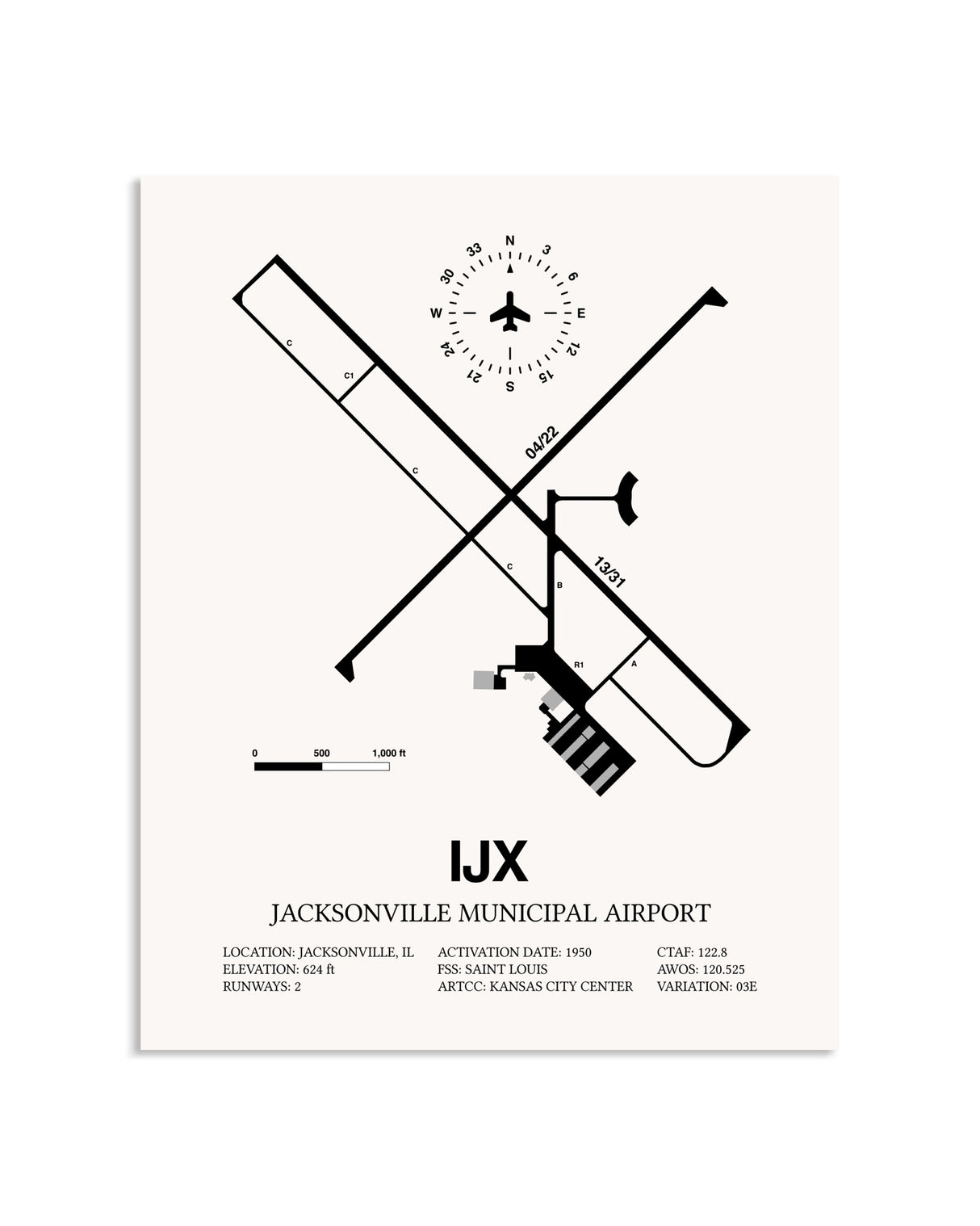 Gray Jacksonville Municipal Airport framed poster displayed in an airplane hangar