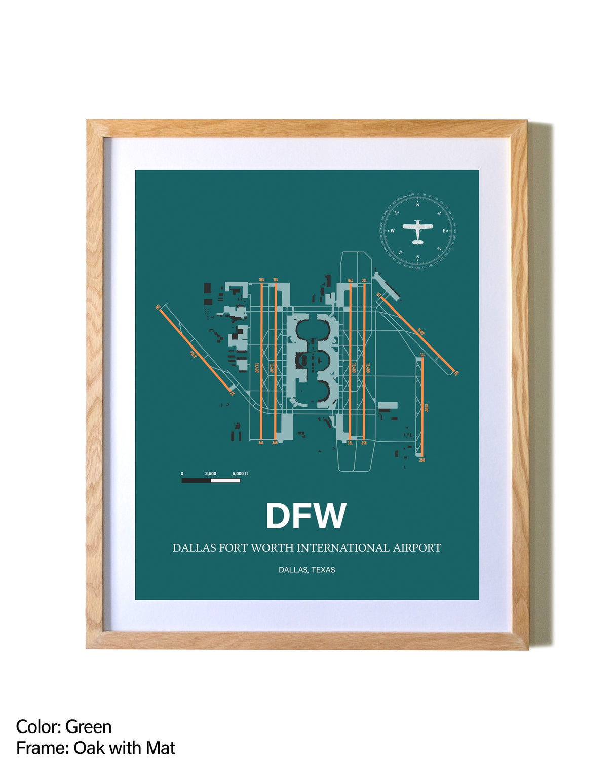 Dallas-Fort Worth International Airport airport map poster in oak frame with mat