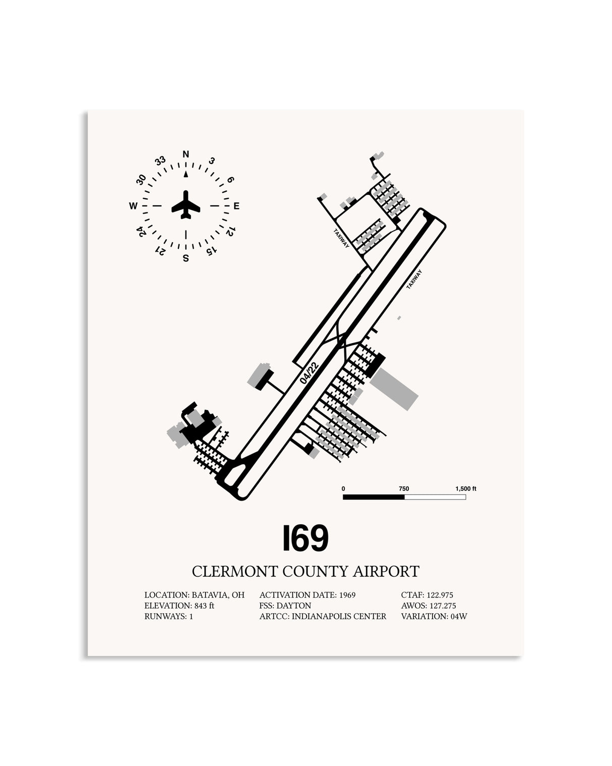 Gray Clermont County Airport framed poster displayed in an airplane hangar