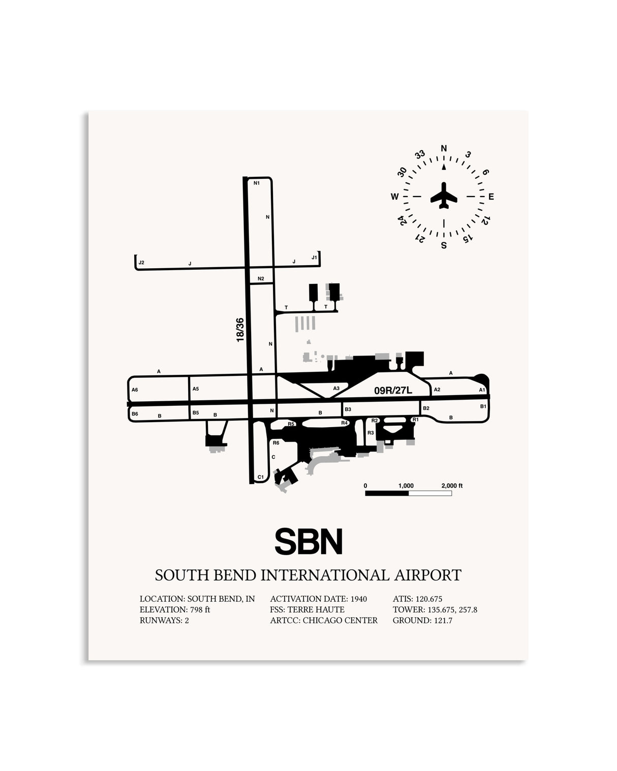 Gray South Bend International Airport framed poster displayed in an airplane hangar