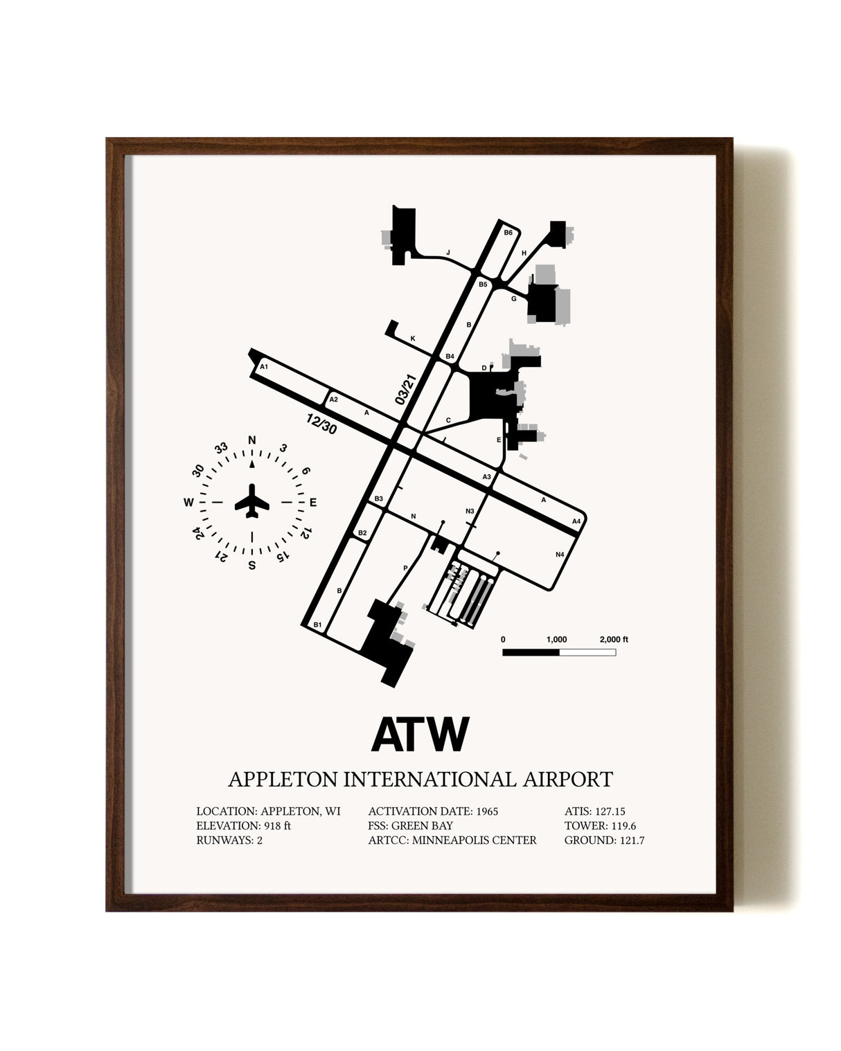 Appleton International Airport aviation print in walnut frame
