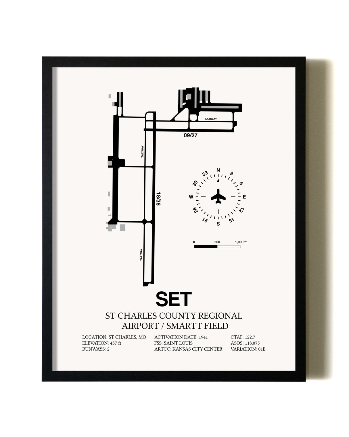 Framed St. Charles County Regional Airport / Smartt Field wall art poster in black frame