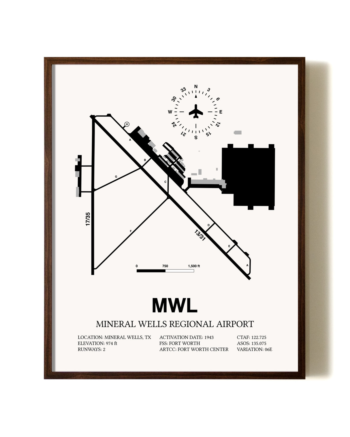Mineral Wells Regional Airport aviation print in walnut frame