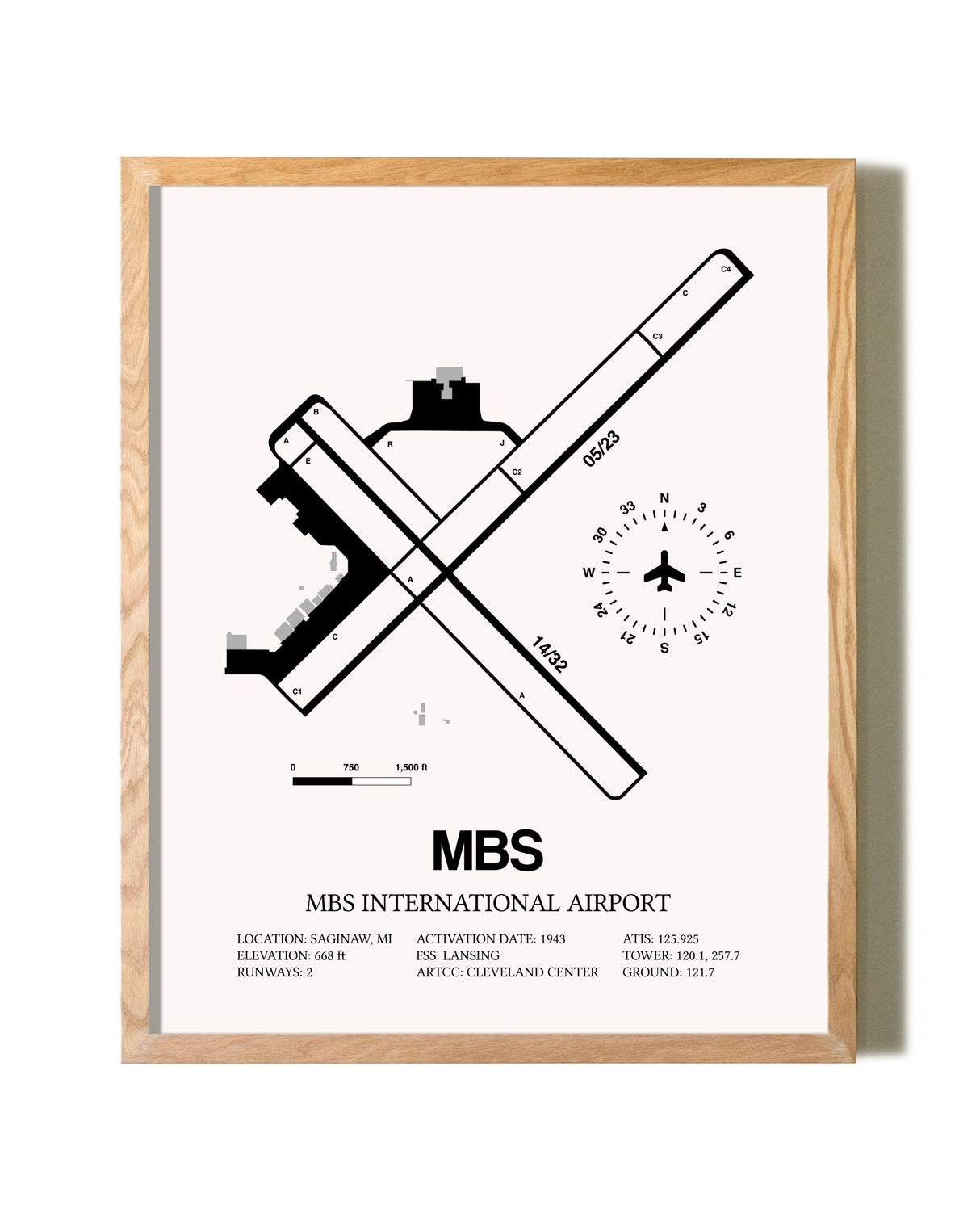 MBS International Airport framed print in natural wood frame