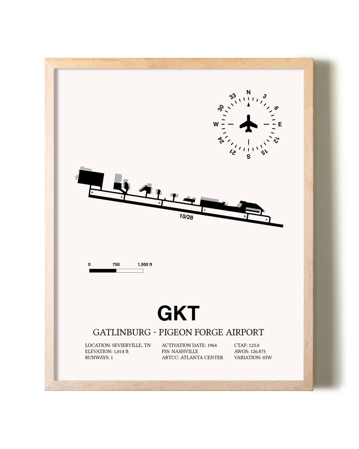 Gatlinburg-Pigeon Forge Airport framed wall art in white frame