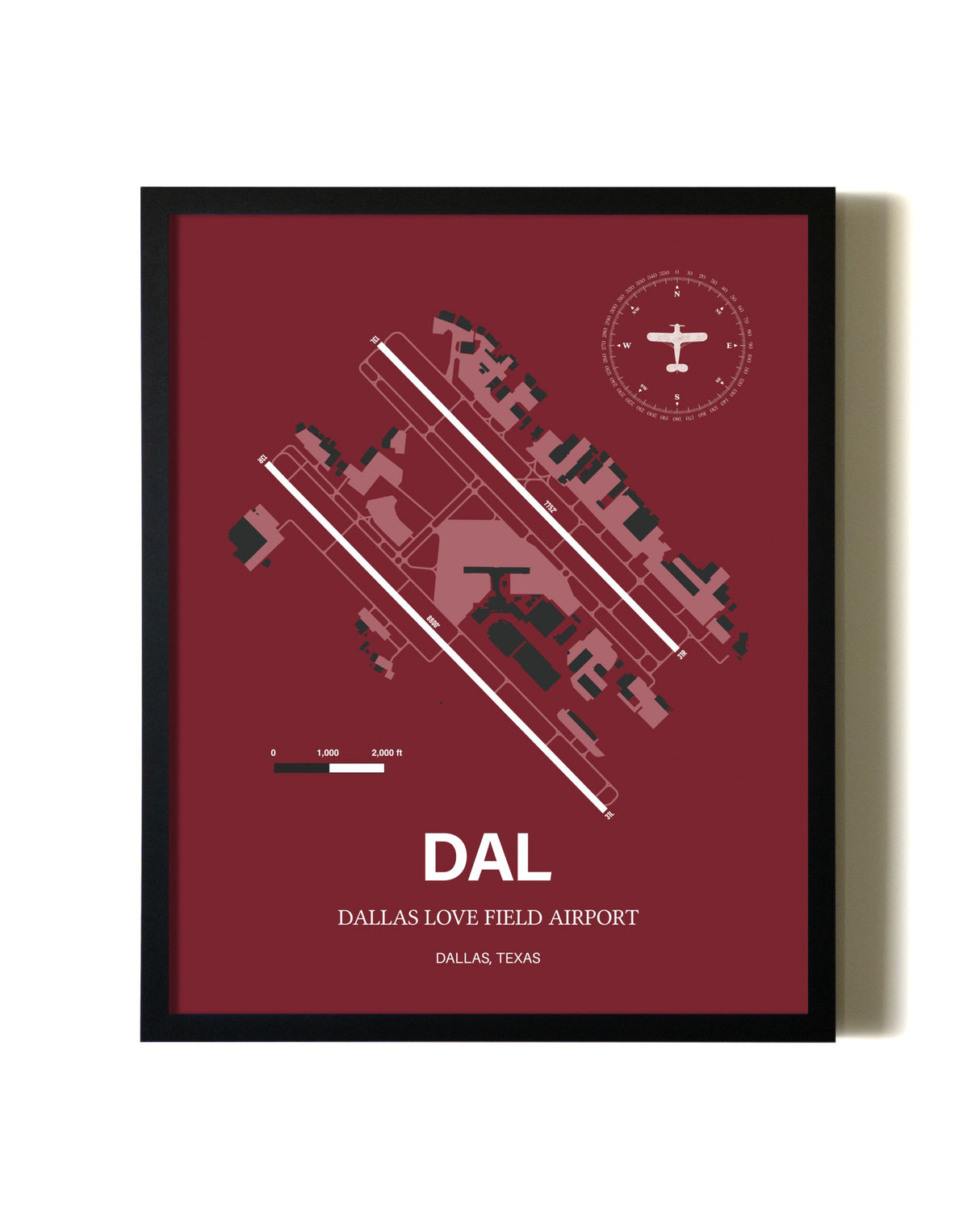 Red Framed Dallas Love Field Airport wall art poster in black frame