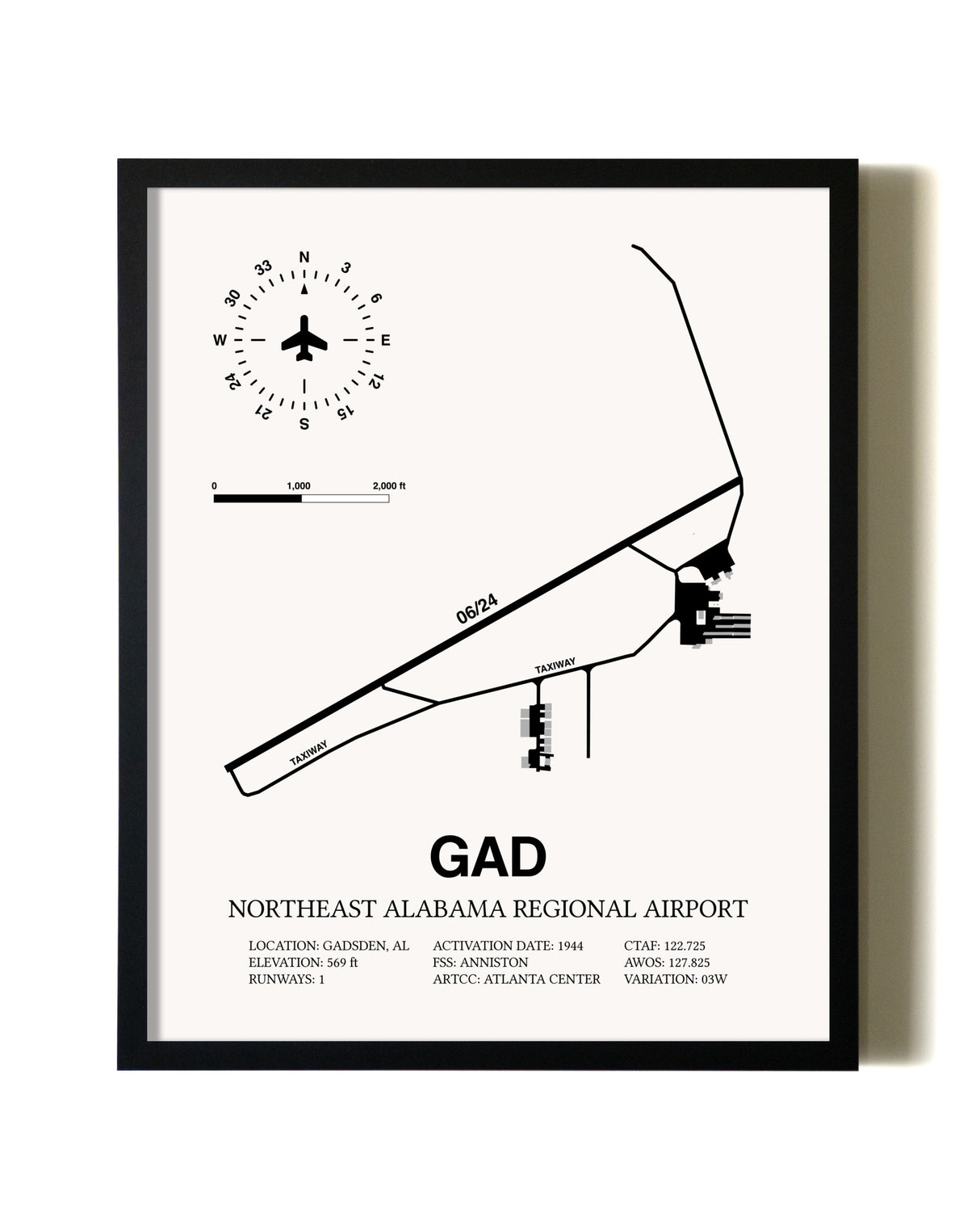 Framed Northeast Alabama Regional Airport wall art poster in black frame