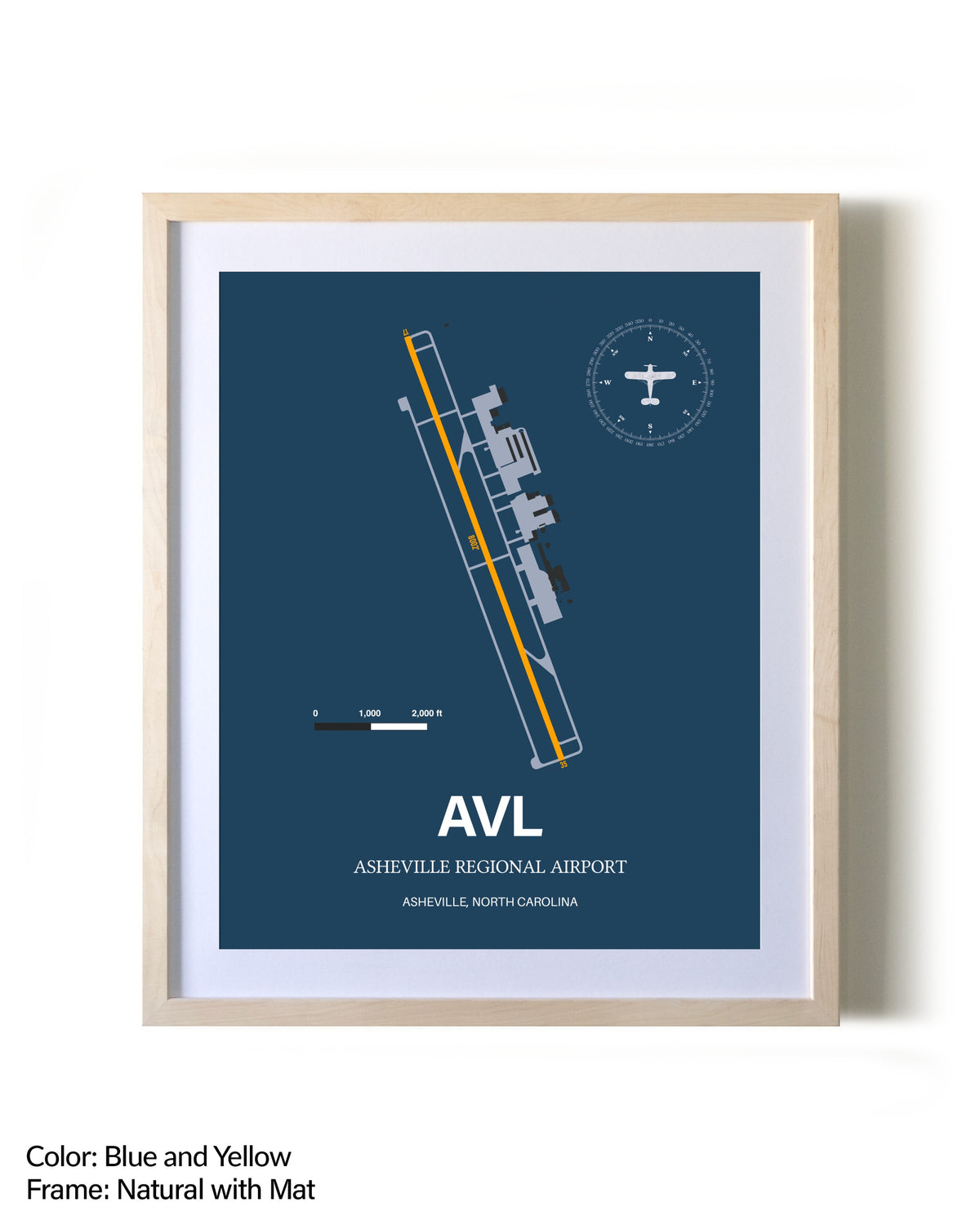 Asheville Regional Airport framed print in natural wood frame with mat