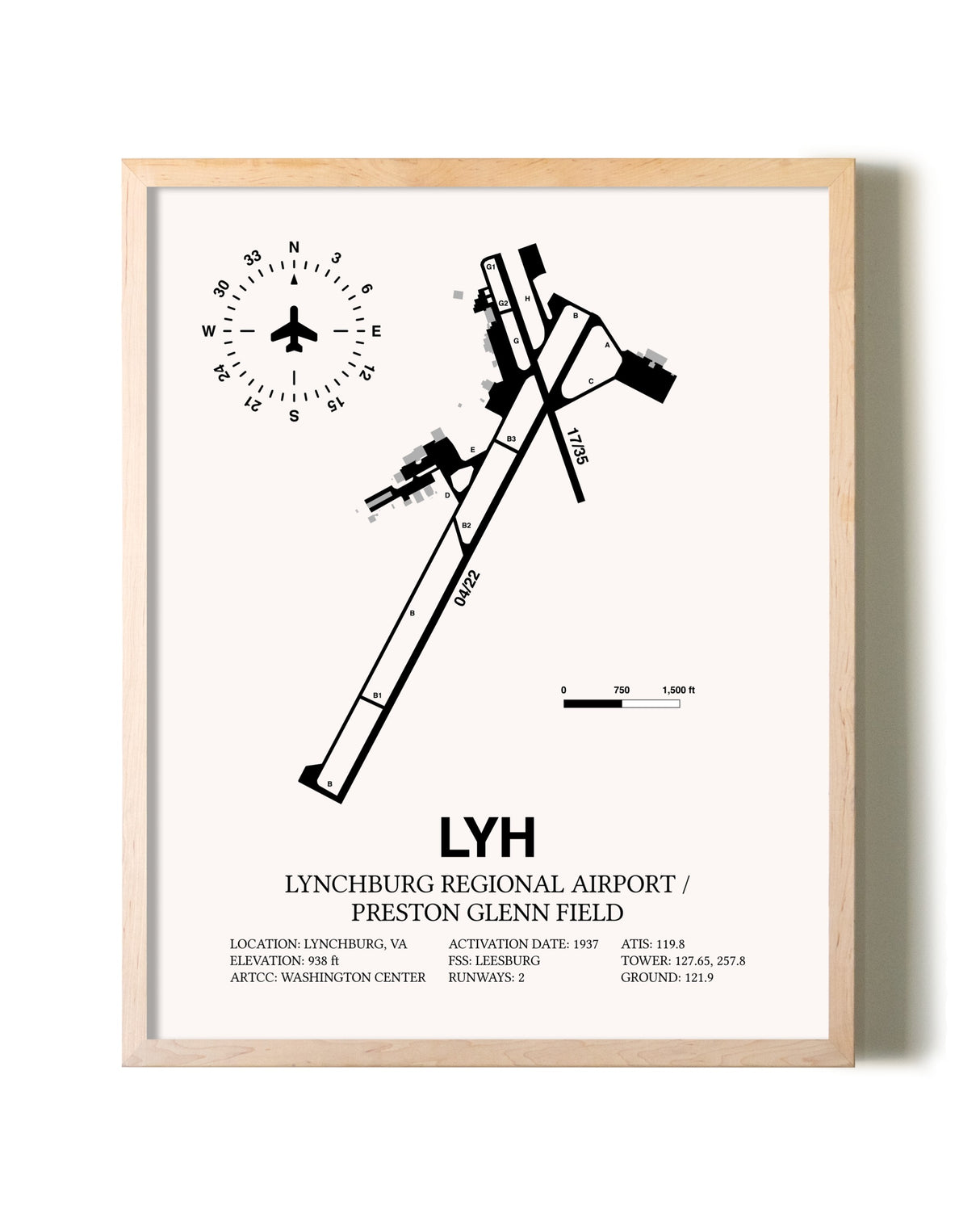 Lynchburg Regional Airport / Preston Glenn Field framed wall art in white frame