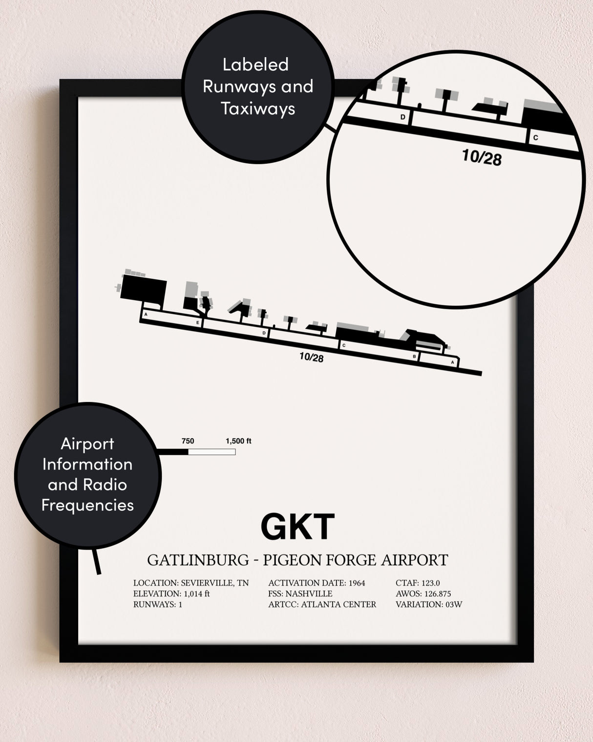 Framed Gatlinburg-Pigeon Forge Airport layout wall art poster