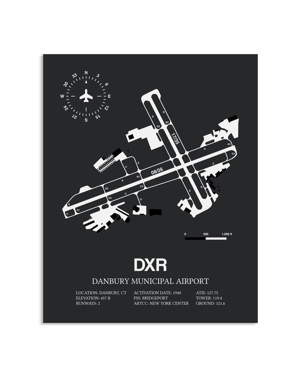 Gray Framed Danbury Municipal Airport layout wall art poster