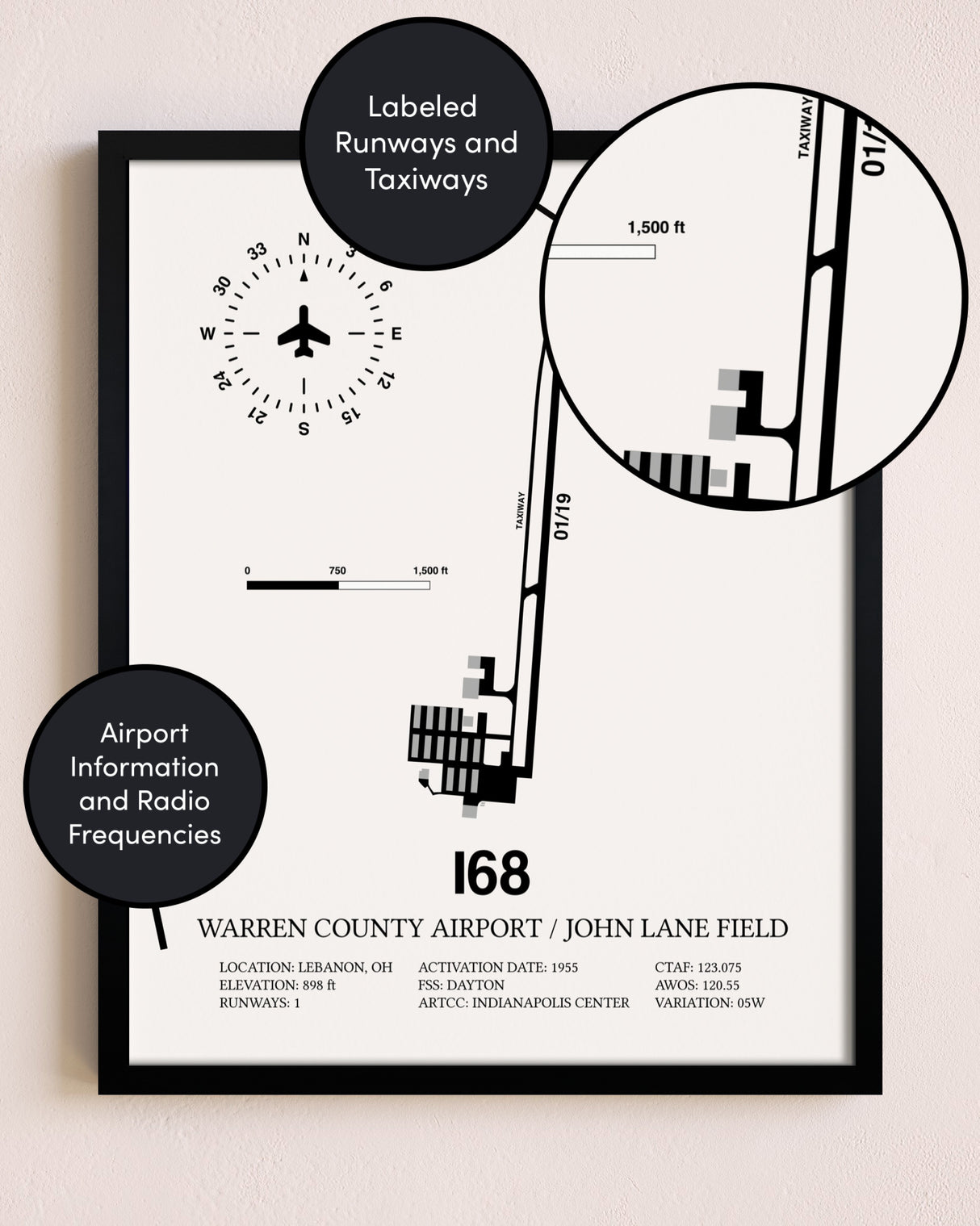 Framed Warren County Airport / John Lane Field layout wall art poster