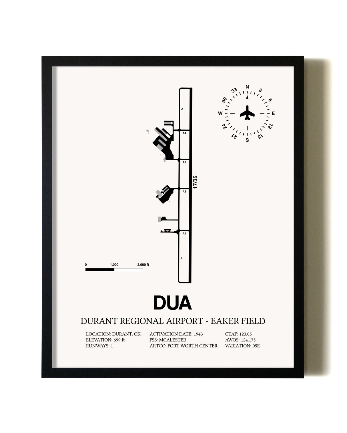 Framed Durant Regional Airport-Eaker Field wall art poster in black frame