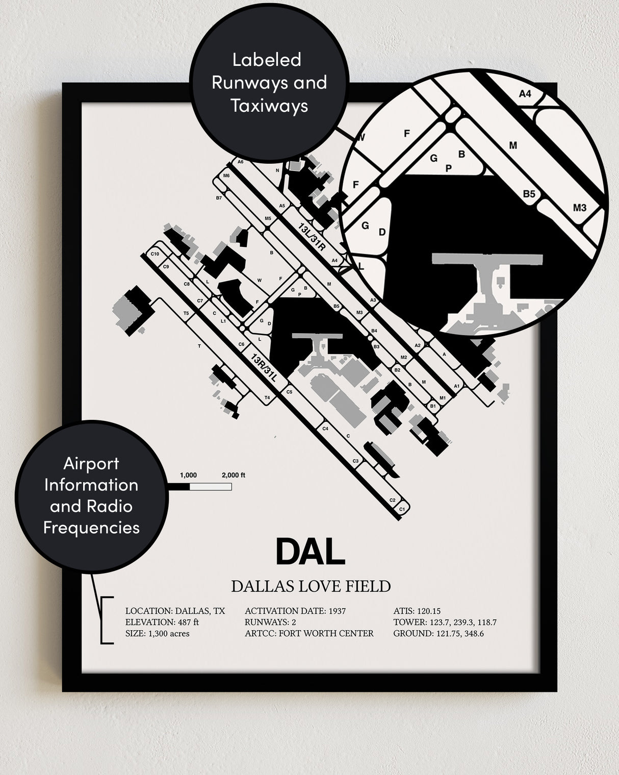 Framed Detailed Airport Map of Dallas Love Field (DAL) in White with a Black Frame