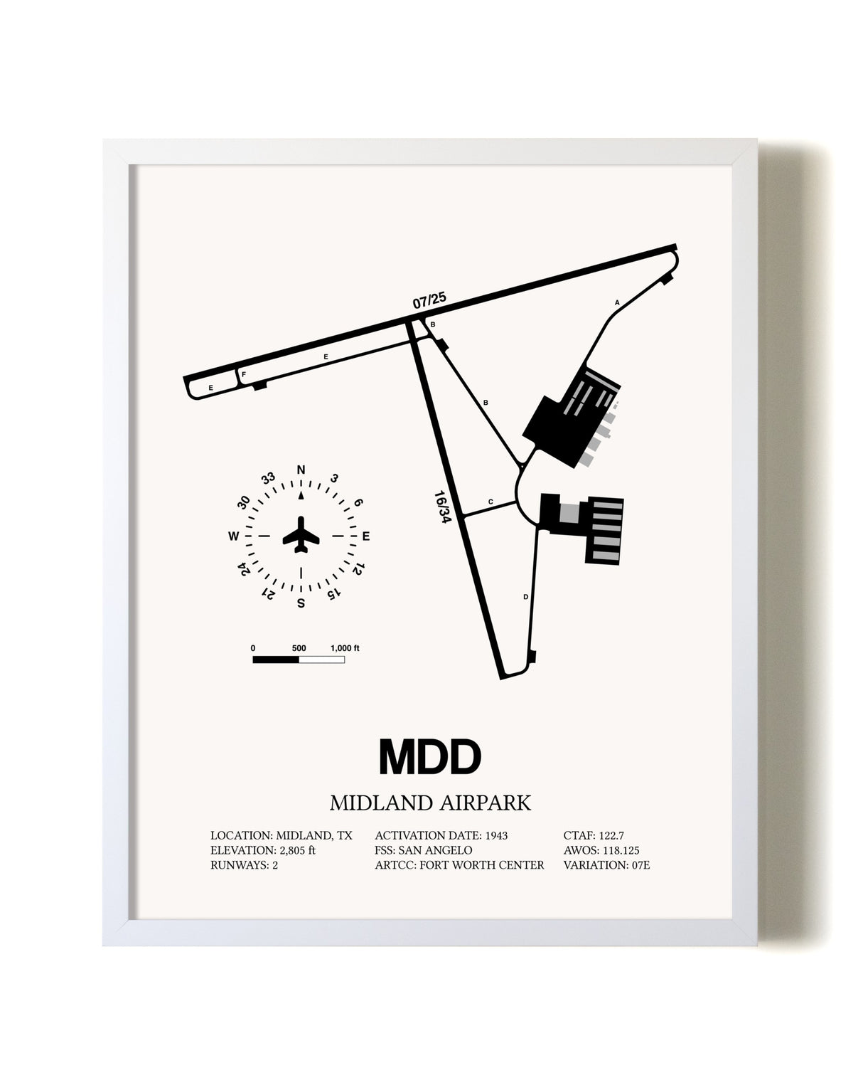 Midland Airpark airport map poster in oak frame