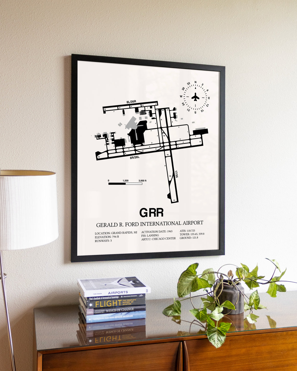 Gerald R. Ford International Airport aviation wall décor in black wood frame