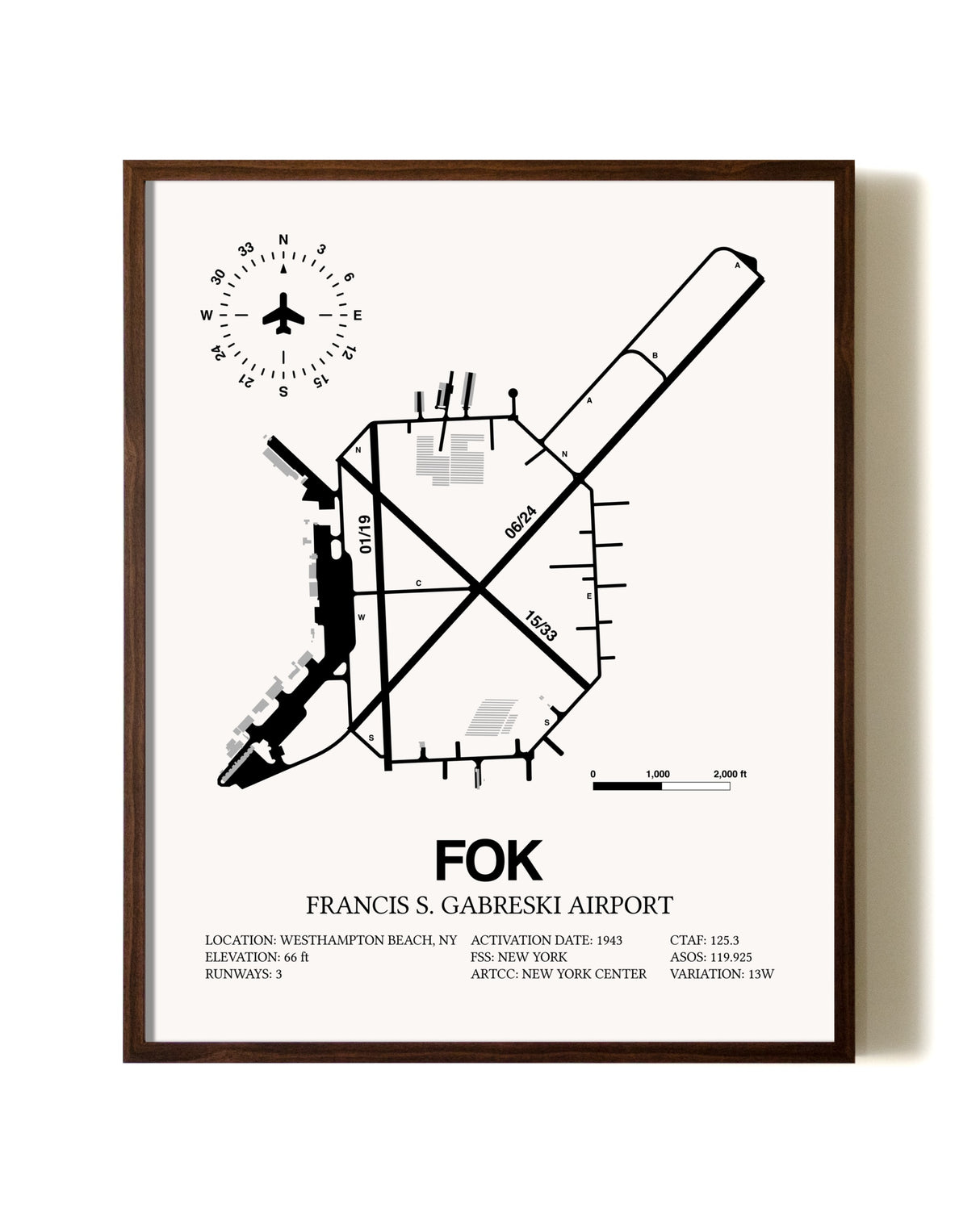 Francis S. Gabreski Airport aviation print in walnut frame