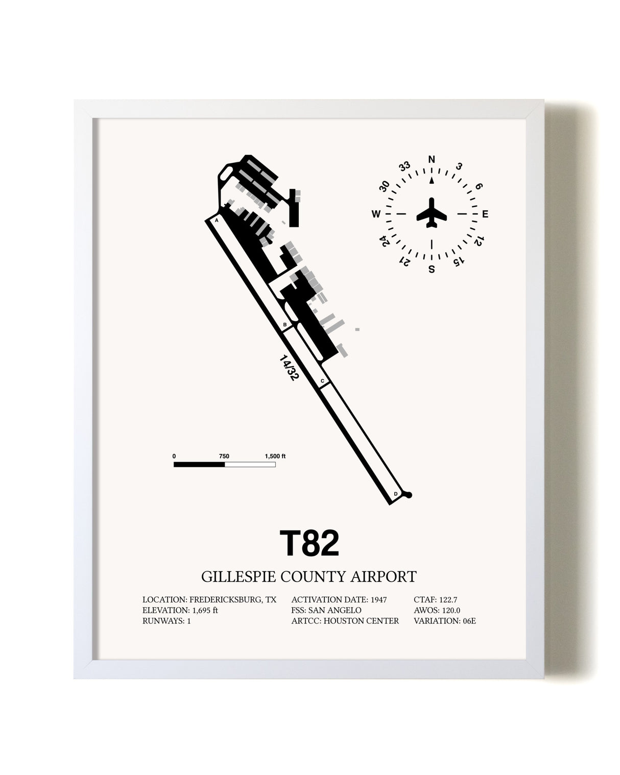Gillespie County Airport airport map poster in oak frame